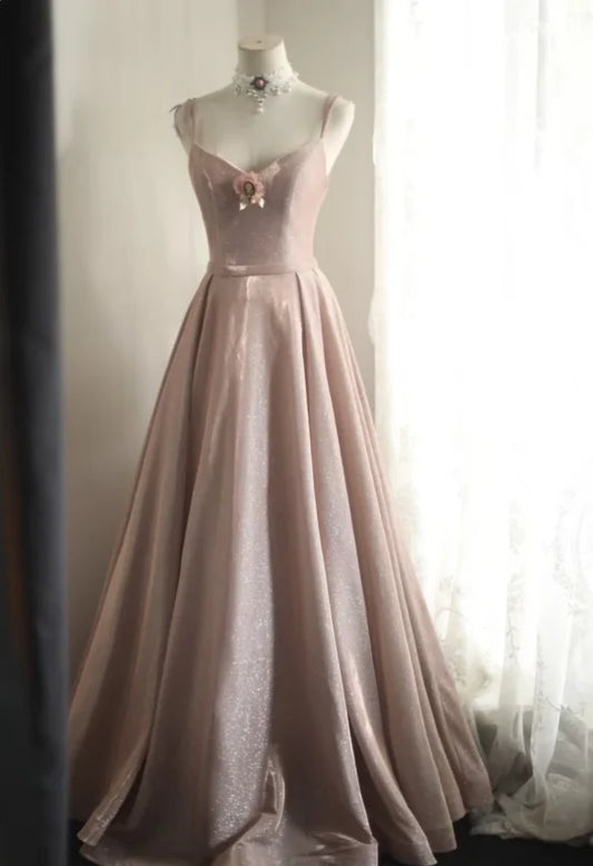Blush Pink Shimmer Spaghetti Strap V-Neck A-Line Floor Length Prom Dress
