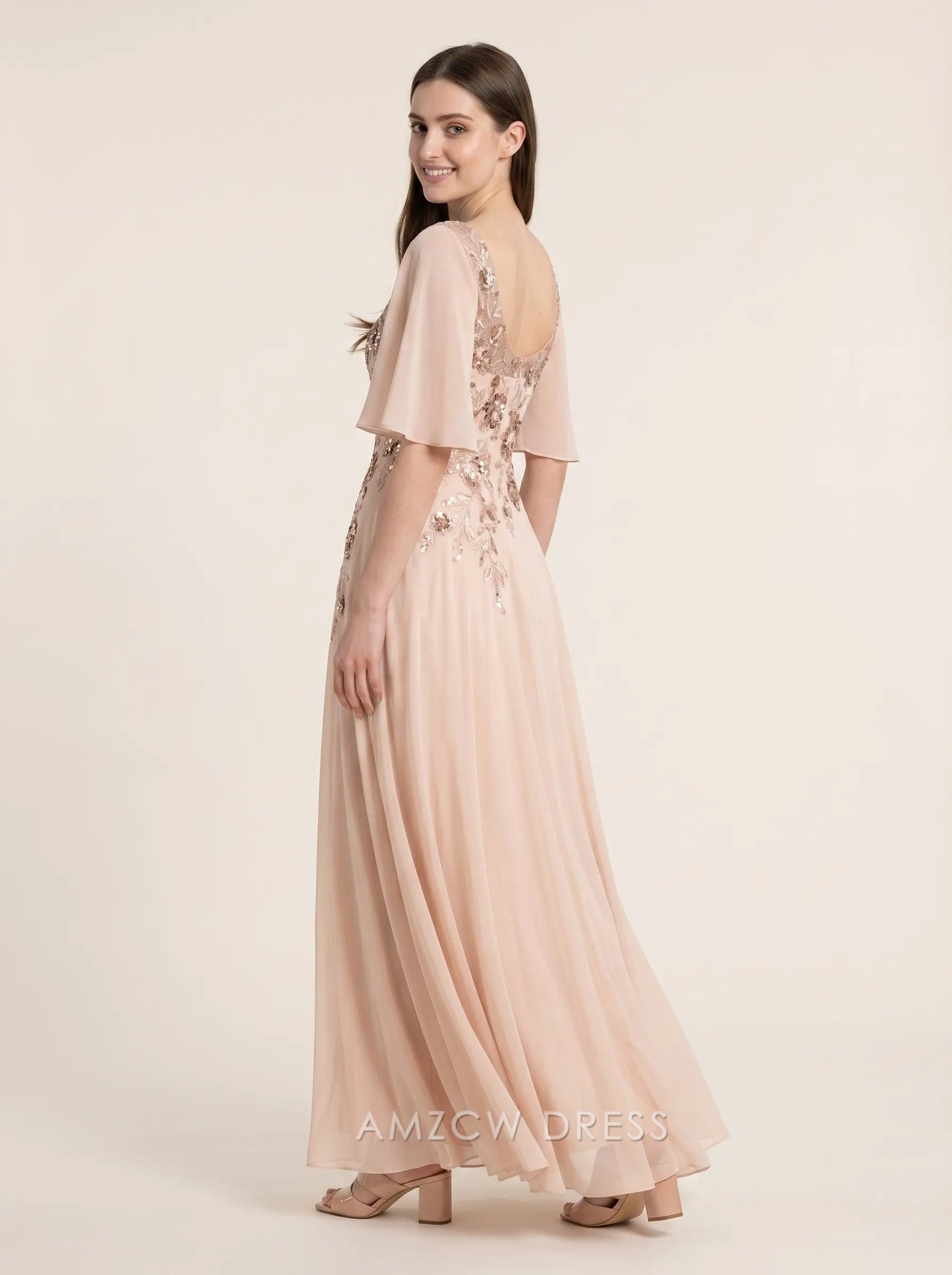 Blush Pink Short Sleeve Sequin Floral Embroidery Chiffon A Line Floor Length Formal Evening Prom Dress