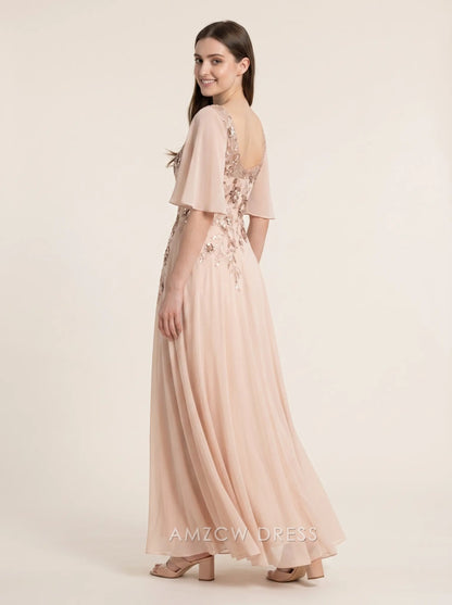 Blush Pink Short Sleeve Sequin Floral Embroidery Chiffon A Line Floor Length Formal Evening Prom Dress