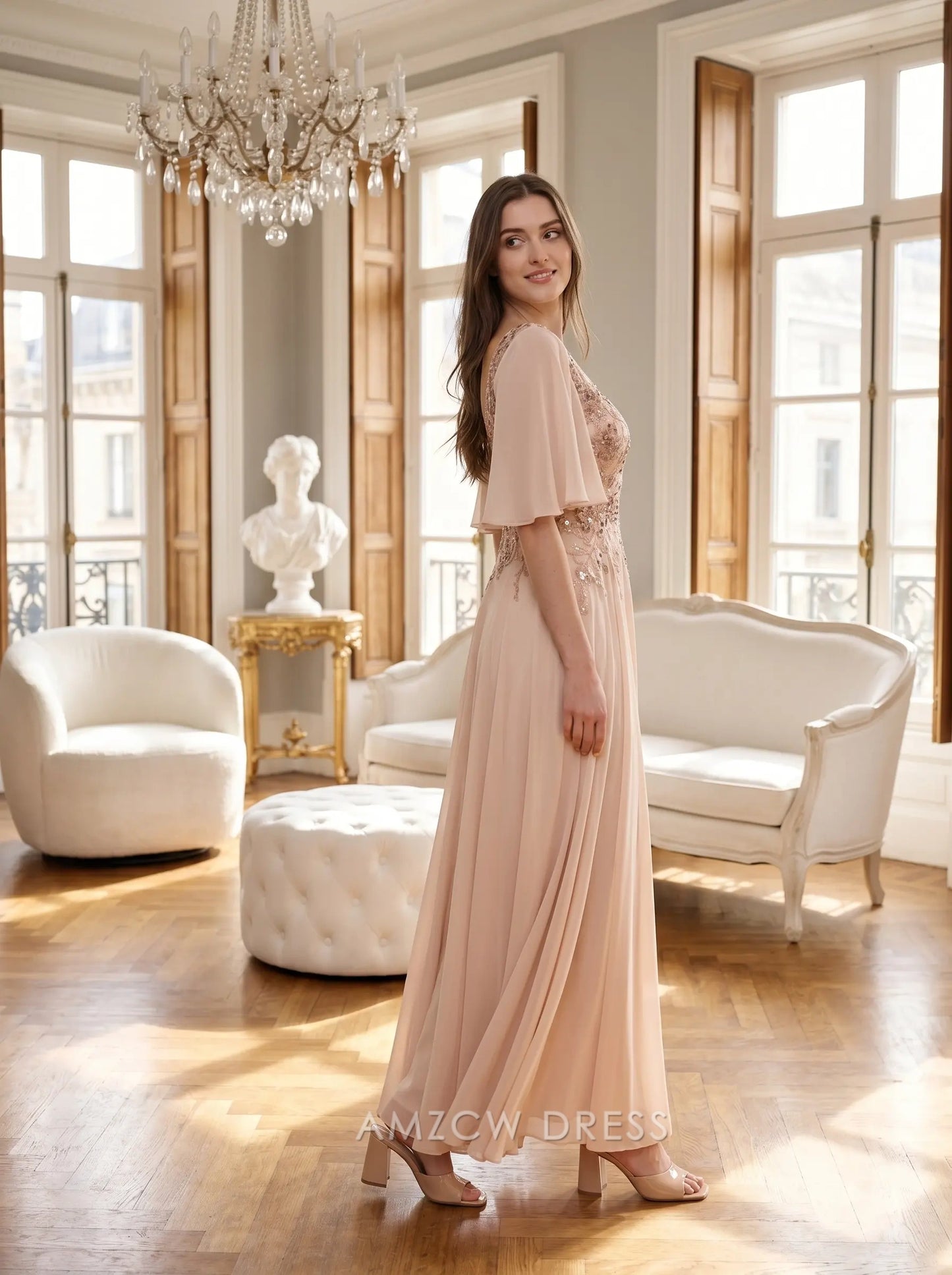 Blush Pink Short Sleeve Sequin Floral Embroidery Chiffon A Line Floor Length Formal Evening Prom Dress