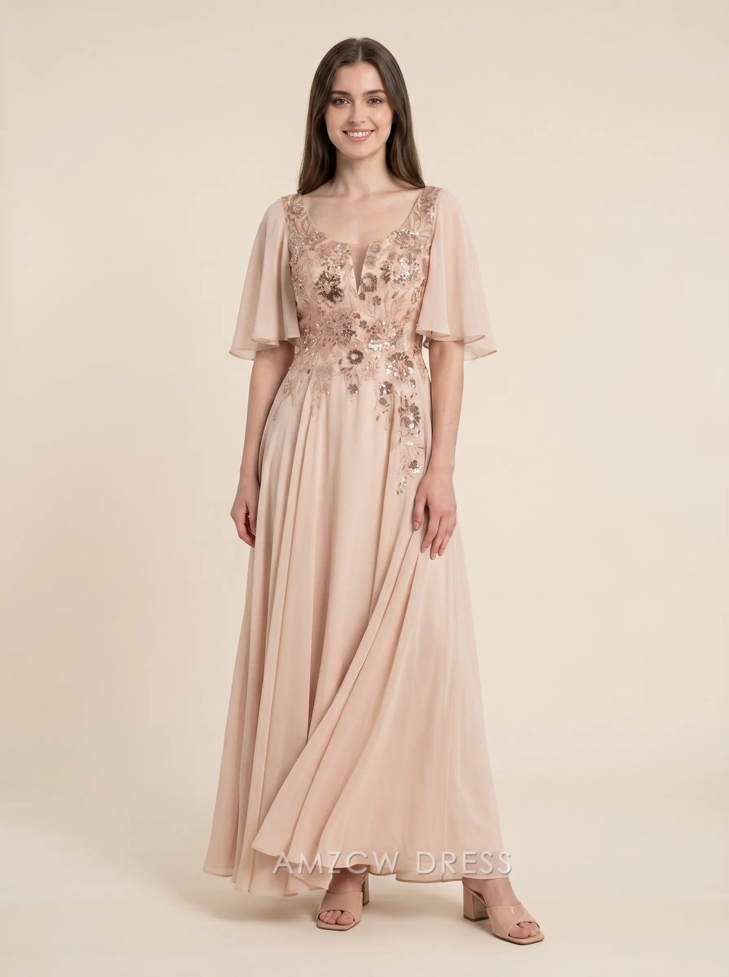 Blush Pink Short Sleeve Sequin Floral Embroidery Chiffon A Line Floor Length Formal Evening Prom Dress