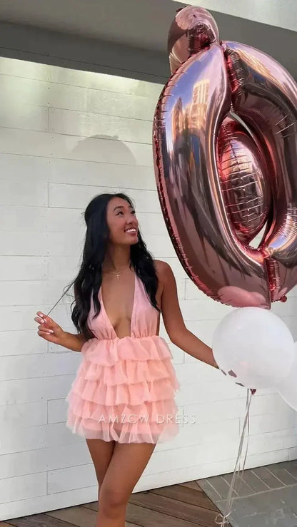 Blush Pink Sleeveless Deep V Plunge Wide Strap Open Back Multi Tiered Ruffle Tulle A Line Mini Homecoming Dress