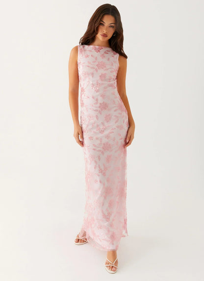 Blush Pink Sleeveless Floral Beaded Mesh Cowl Back Mermaid Formal Evening Prom Dress