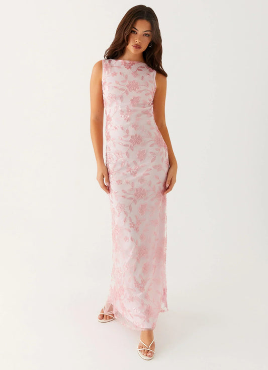 Blush Pink Sleeveless Floral Beaded Mesh Cowl Back Mermaid Formal Evening Prom Dress