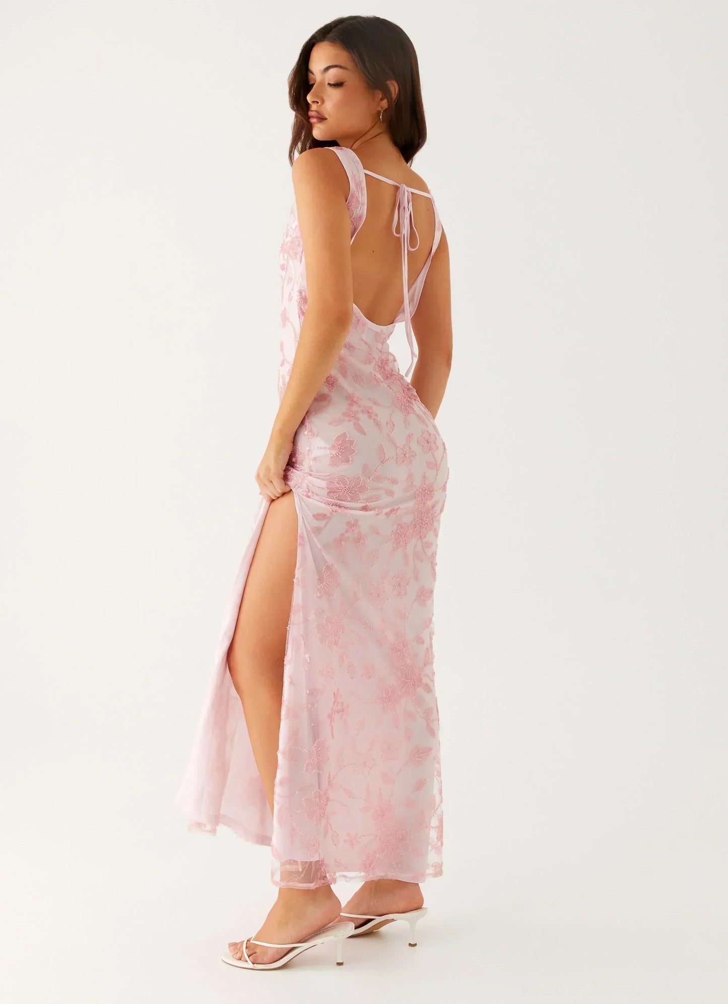 Blush Pink Sleeveless Floral Beaded Mesh Cowl Back Mermaid Formal Evening Prom Dress