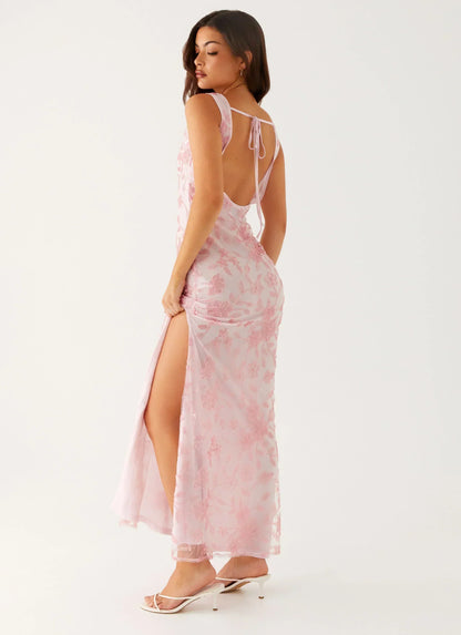 Blush Pink Sleeveless Floral Beaded Mesh Cowl Back Mermaid Formal Evening Prom Dress