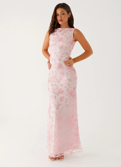 Blush Pink Sleeveless Floral Beaded Mesh Cowl Back Mermaid Formal Evening Prom Dress