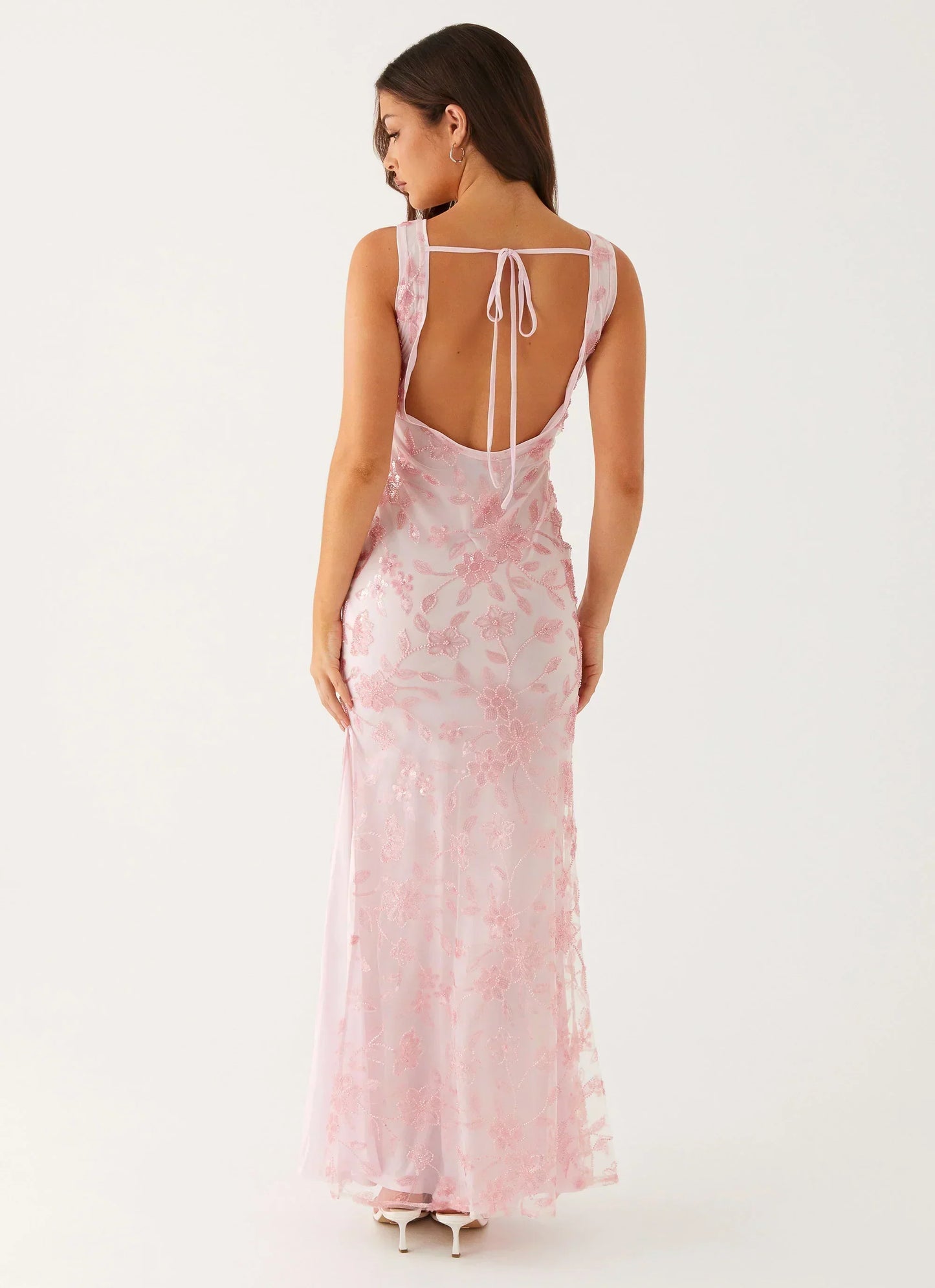 Blush Pink Sleeveless Floral Beaded Mesh Cowl Back Mermaid Formal Evening Prom Dress