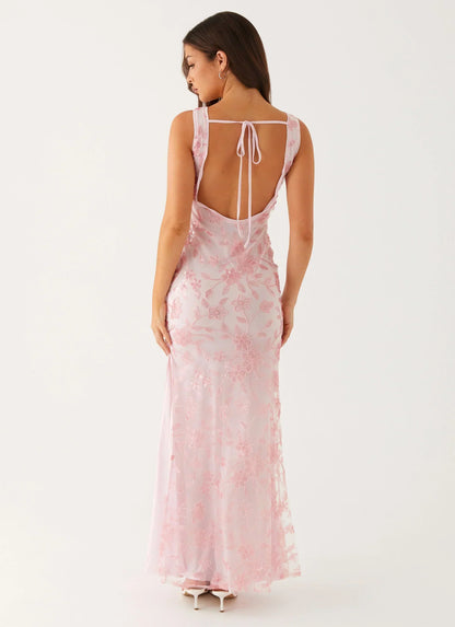 Blush Pink Sleeveless Floral Beaded Mesh Cowl Back Mermaid Formal Evening Prom Dress