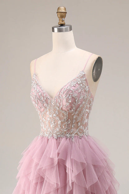 Blush Pink Spaghetti Strap Beaded Lace-Up Tiered Ruffle A-Line Tulle Prom Dress