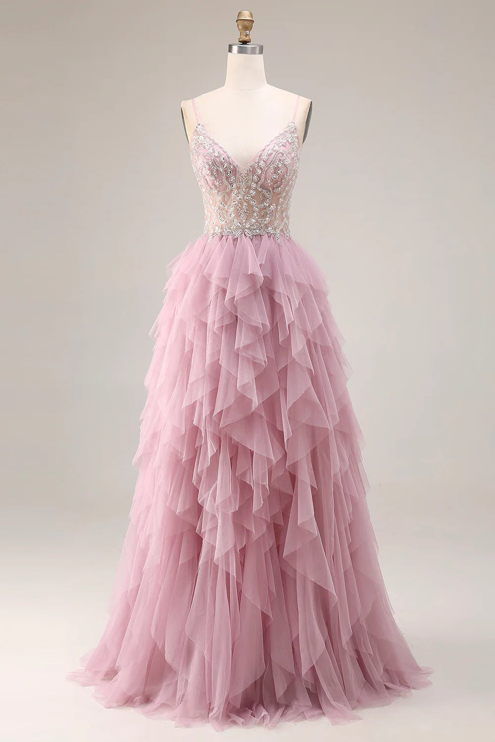 Blush Pink Spaghetti Strap Beaded Lace-Up Tiered Ruffle A-Line Tulle Prom Dress