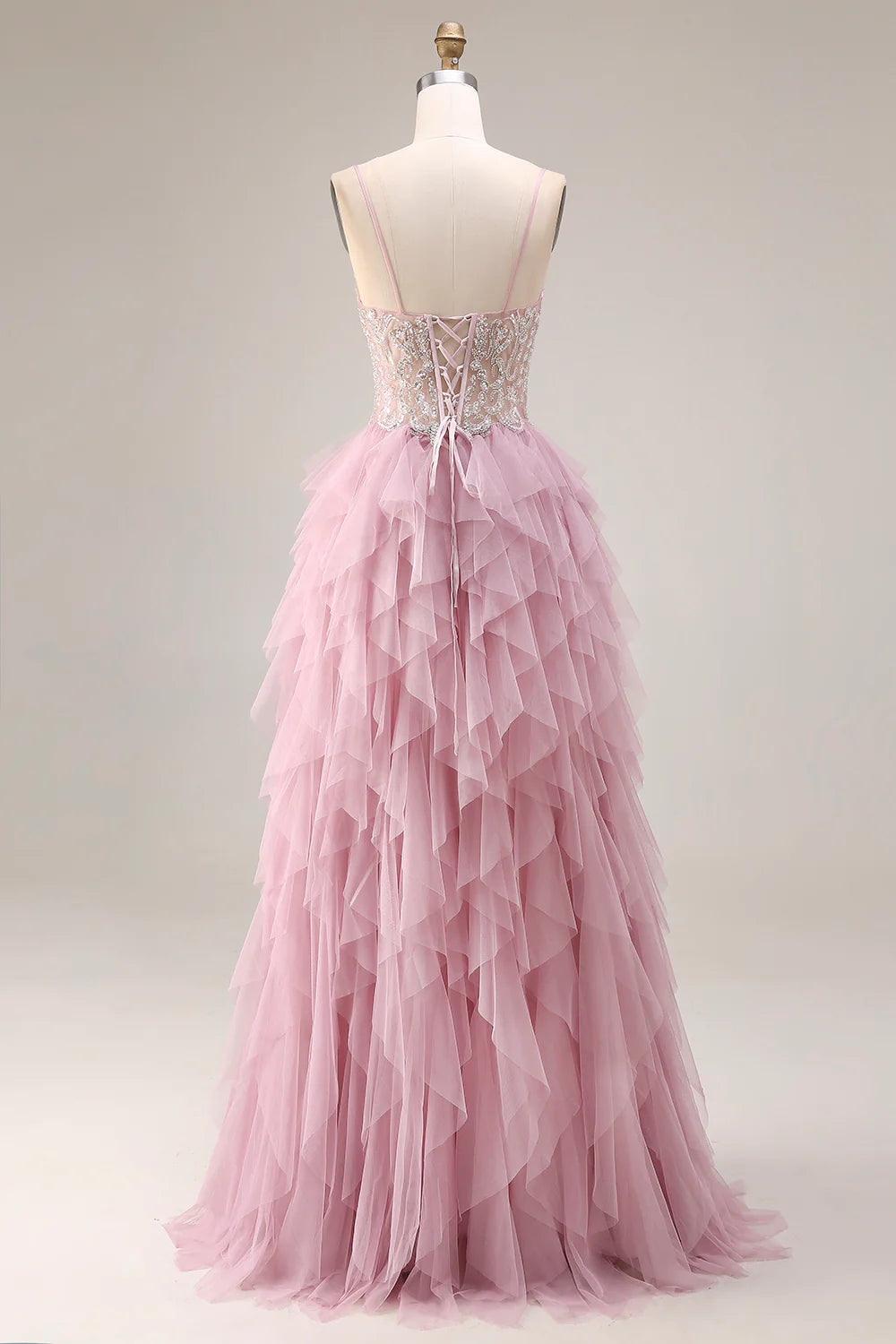 Blush Pink Spaghetti Strap Beaded Lace-Up Tiered Ruffle A-Line Tulle Prom Dress
