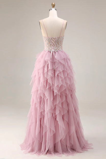 Blush Pink Spaghetti Strap Beaded Lace-Up Tiered Ruffle A-Line Tulle Prom Dress