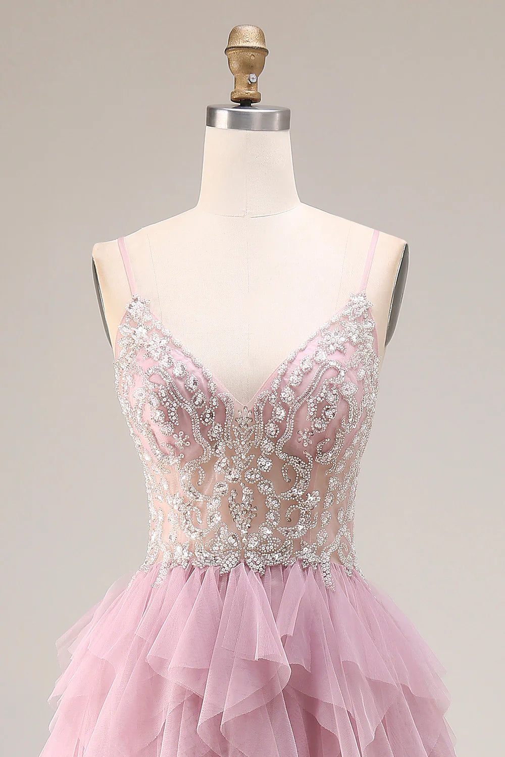 Blush Pink Spaghetti Strap Beaded Lace-Up Tiered Ruffle A-Line Tulle Prom Dress