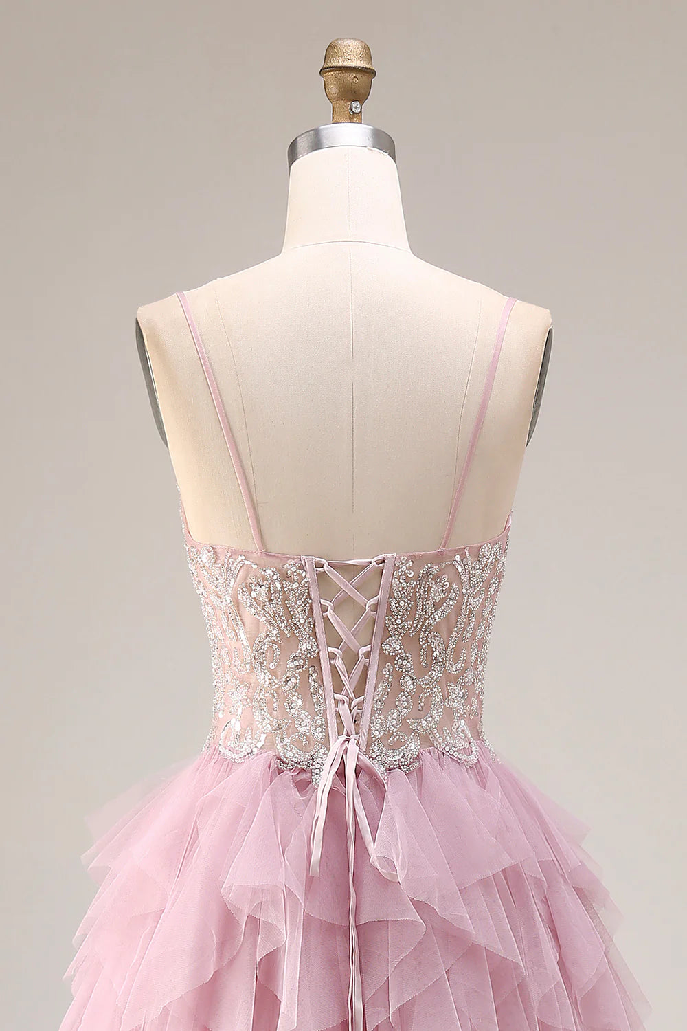 Blush Pink Spaghetti Strap Beaded Lace-Up Tiered Ruffle A-Line Tulle Prom Dress