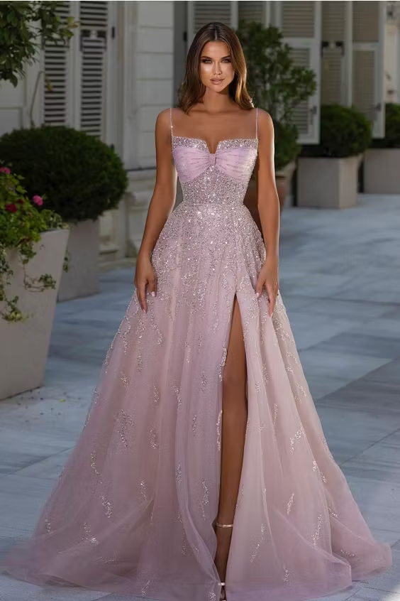 Blush Pink Spaghetti Strap Bow Detail Beaded Tulle A Line High Slit Long Formal Evening Prom Dress