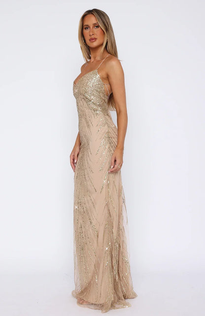 Blush Pink Spaghetti Strap Gold Sequin Cross-Back Lace-Up Mermaid Formal Evening Prom Dress