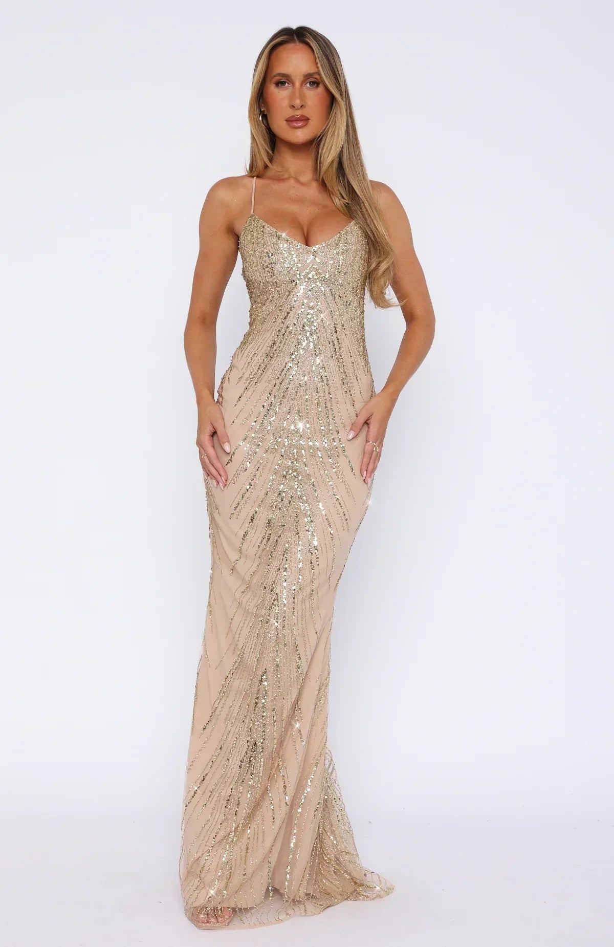 Blush Pink Spaghetti Strap Gold Sequin Cross-Back Lace-Up Mermaid Formal Evening Prom Dress