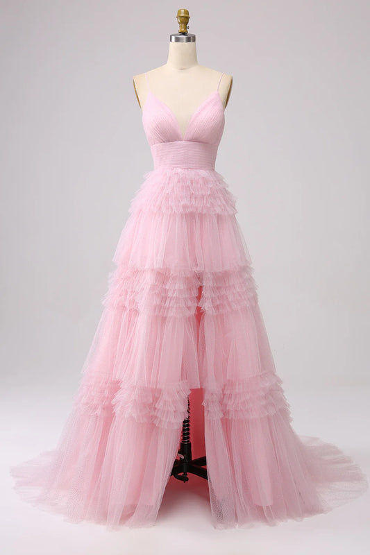 Blush Pink Spaghetti Strap V-Neck Tiered Ruffle Glitter Tulle Maxi Prom Dress