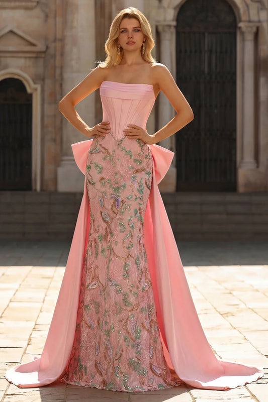 Blush Pink Strapless Corset Mermaid Prom Dress with Oversized Bow and Embroidered Train