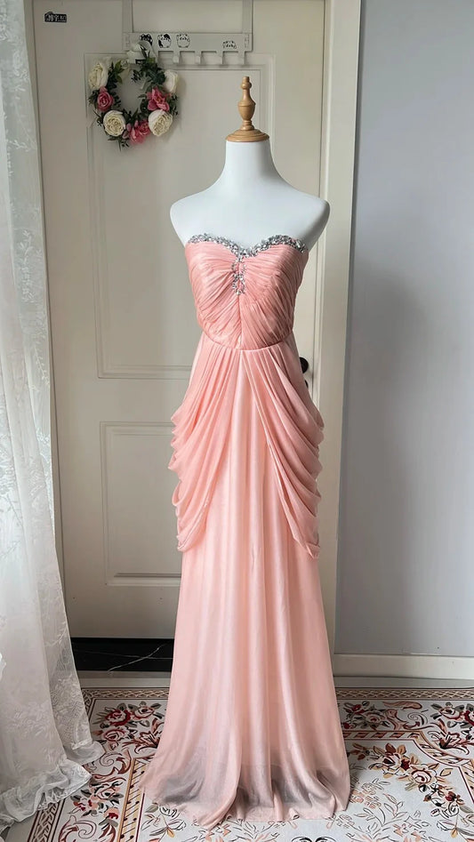 Blush Pink Strapless Rhinestone Sweetheart Neck Ruched Mermaid Floor Length Prom Dress