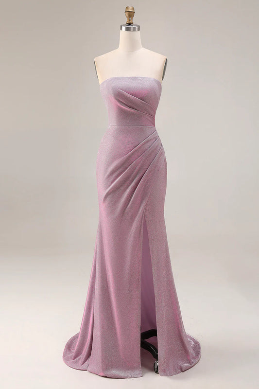 Blush Pink Strapless Ruched High Slit Glitter Mermaid Prom Dress with Train