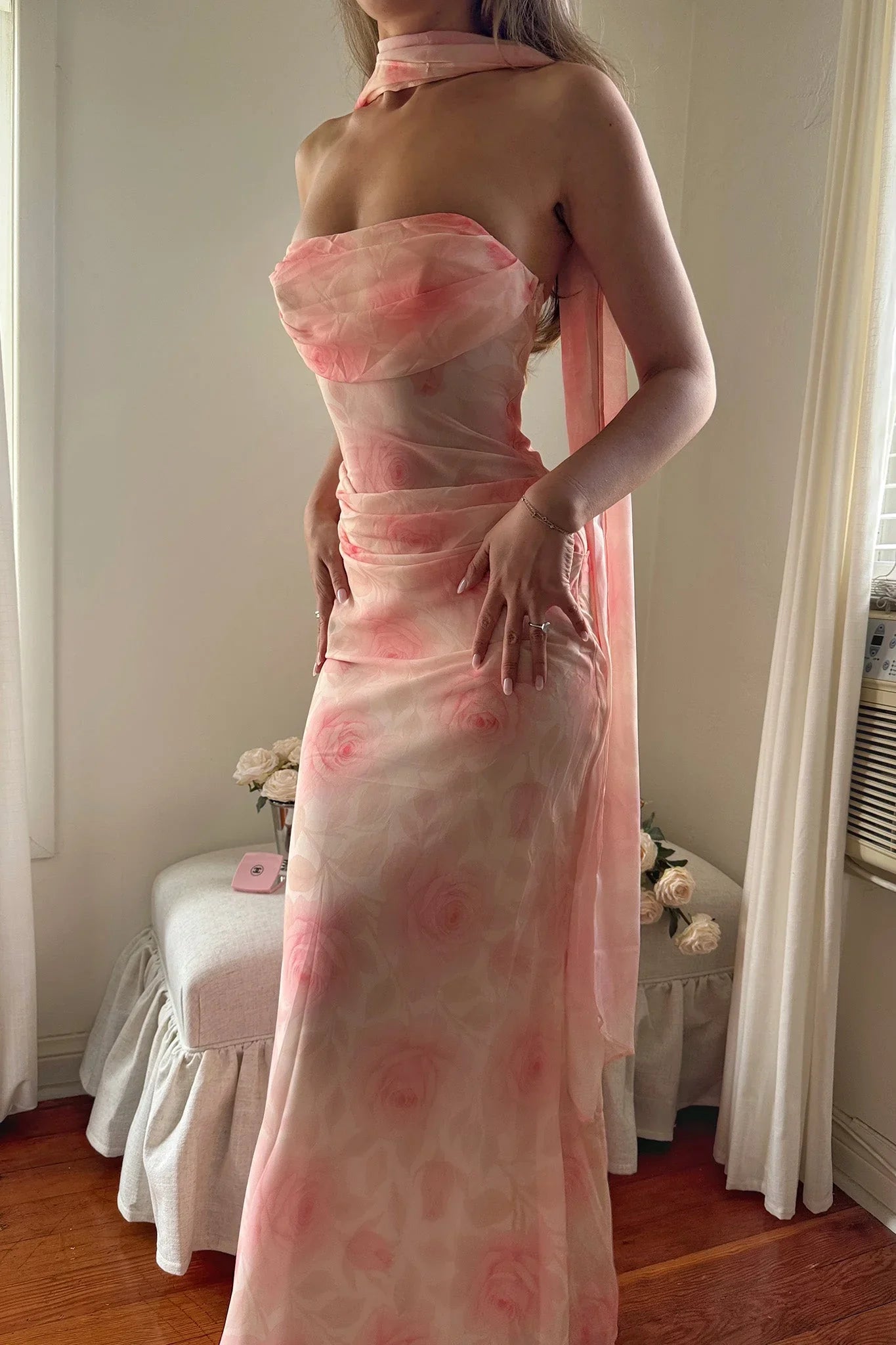 Blush Pink Strapless Ruched Mesh Bodice Flowing Sheer Maxi Skirt Formal Evening Prom Dress
