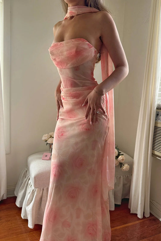 Blush Pink Strapless Ruched Mesh Bodice Flowing Sheer Maxi Skirt Formal Evening Prom Dress