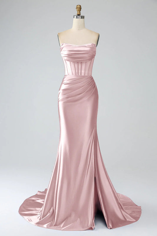 Blush Pink Strapless Satin Corset Mermaid Maxi Prom Dress with Slit and Train