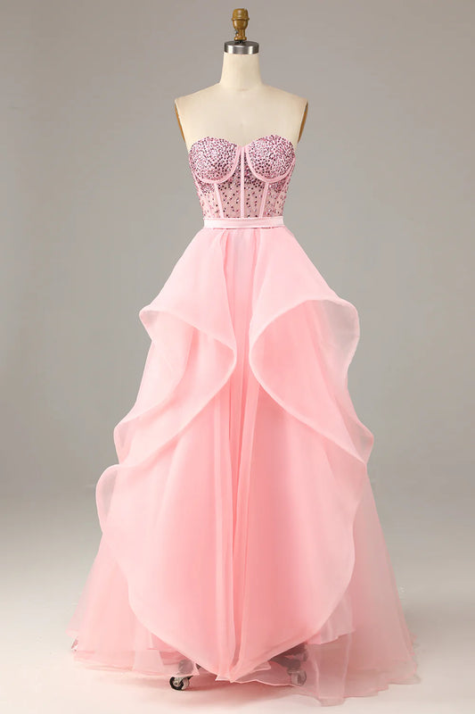 Blush Pink Strapless Sweetheart Beaded Corset Ruffled Organza Ball Gown Prom Dress