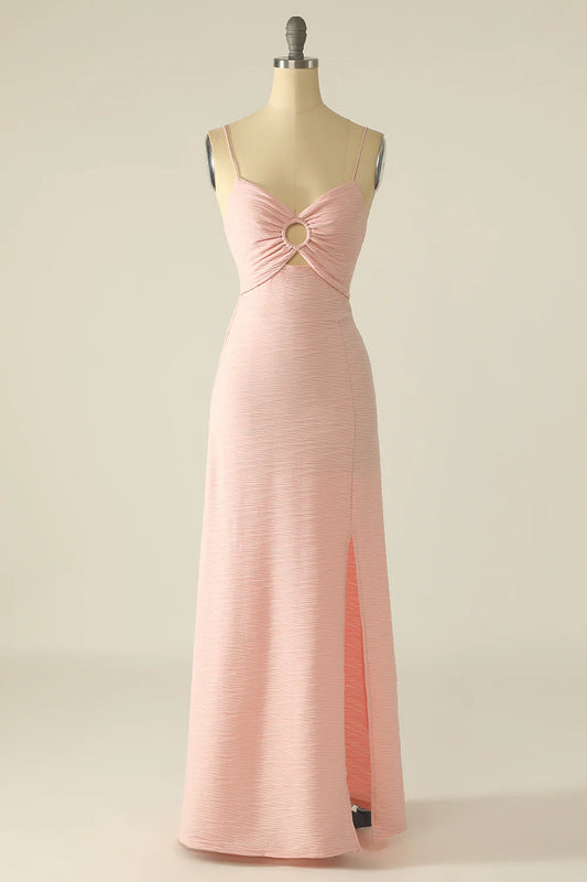 Blush Pink Textured Spaghetti Strap Ring Cutout Maxi Prom Dress with Slit