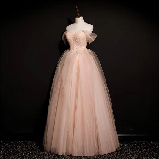Blush Pink Tulle Ball Gown Off The Shoulder Sweetheart Neck Beaded Corset Back Floor Length Formal Evening Prom Dress