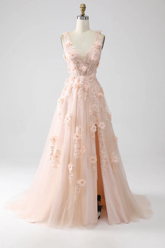 Blush Pink Tulle V-Neck 3D Flower Lace-Up Back A-Line Prom Dress with Slit