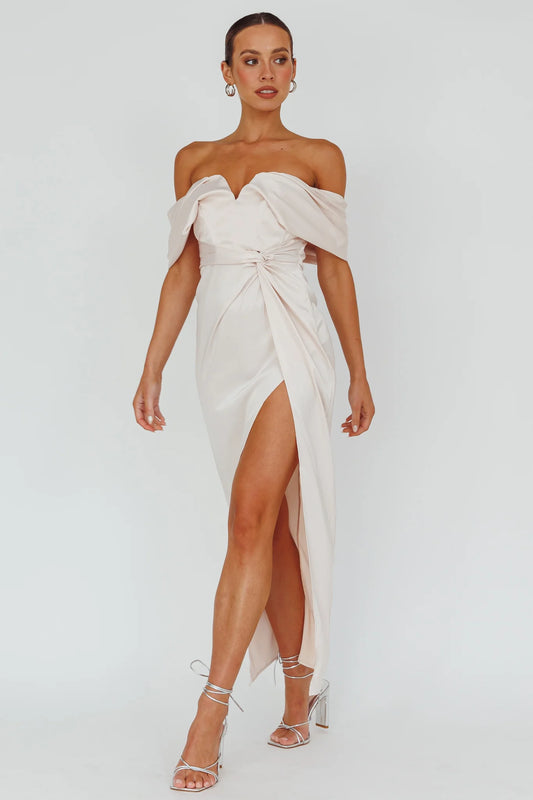 Blush Satin Off-the-Shoulder Waist Twist High Slit Midi Prom Dress