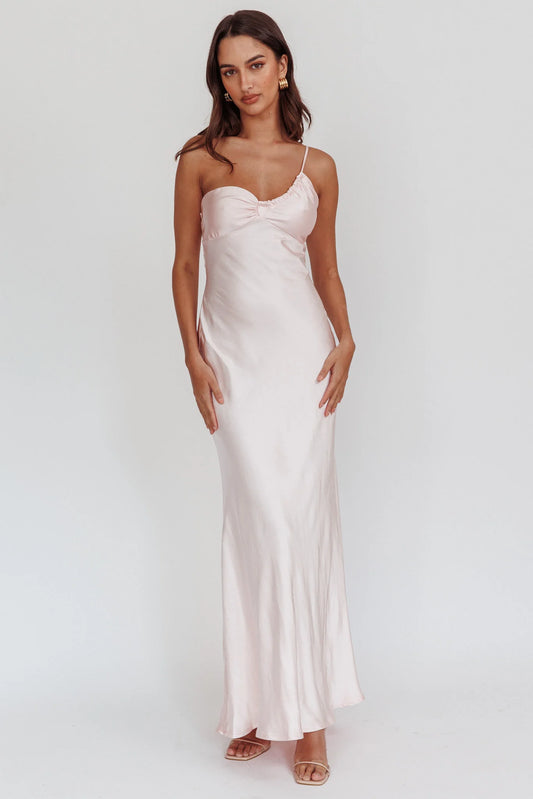 Blush Satin One-Shoulder Ruched Bust Cowl Maxi Prom Dress