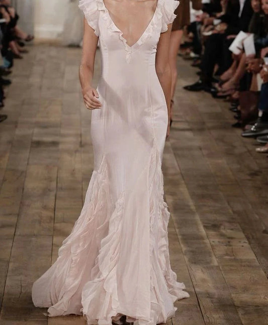 Blush Silk Chiffon Maxi Prom Dresses with Deep V Neck Ruffle Trim Mermaid Silhouette for Red Carpet and Wedding Guest