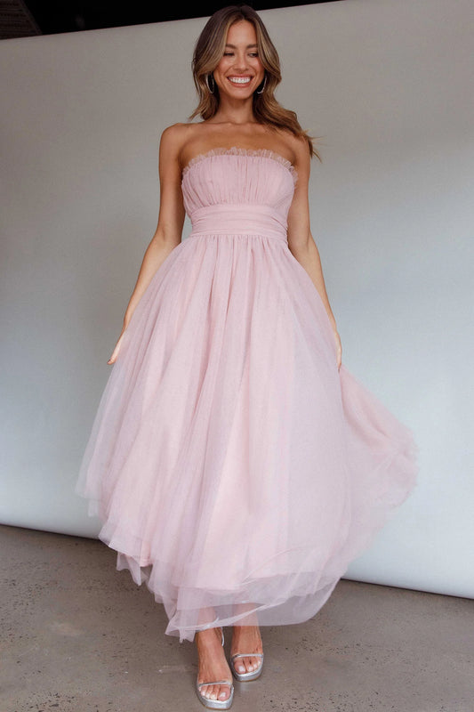 Blush Tulle Strapless Ruched Waist High Low Midi Prom Dress