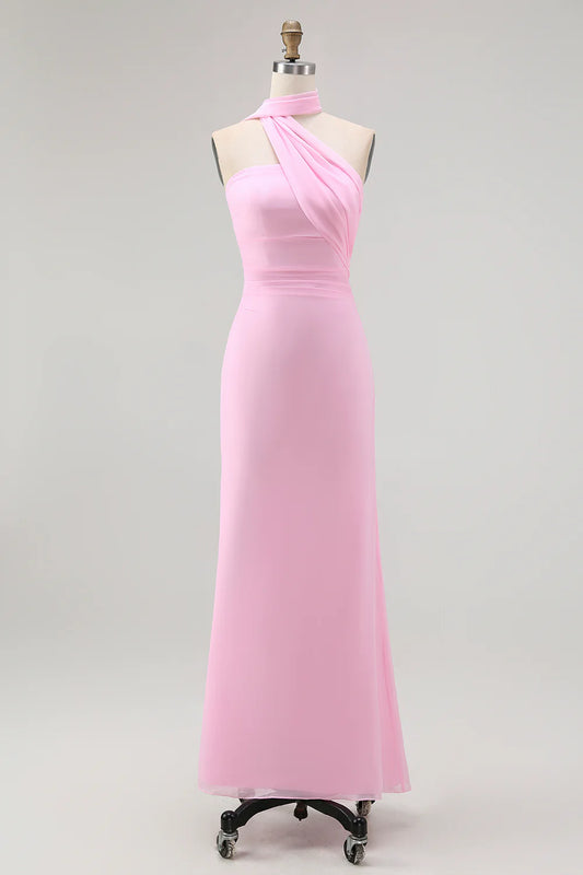 Blush pink chiffon prom dress with halter neck draped design and form-fitting floor-length silhouette