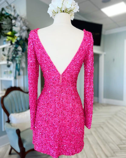 Vestido de fiesta ajustado con lentejuelas y escote en V y mangas largas 