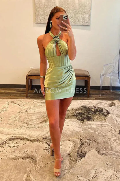 Amzcw Bodycon Halter Sage Green Satin Short Homecoming Dresses formal wear dresses