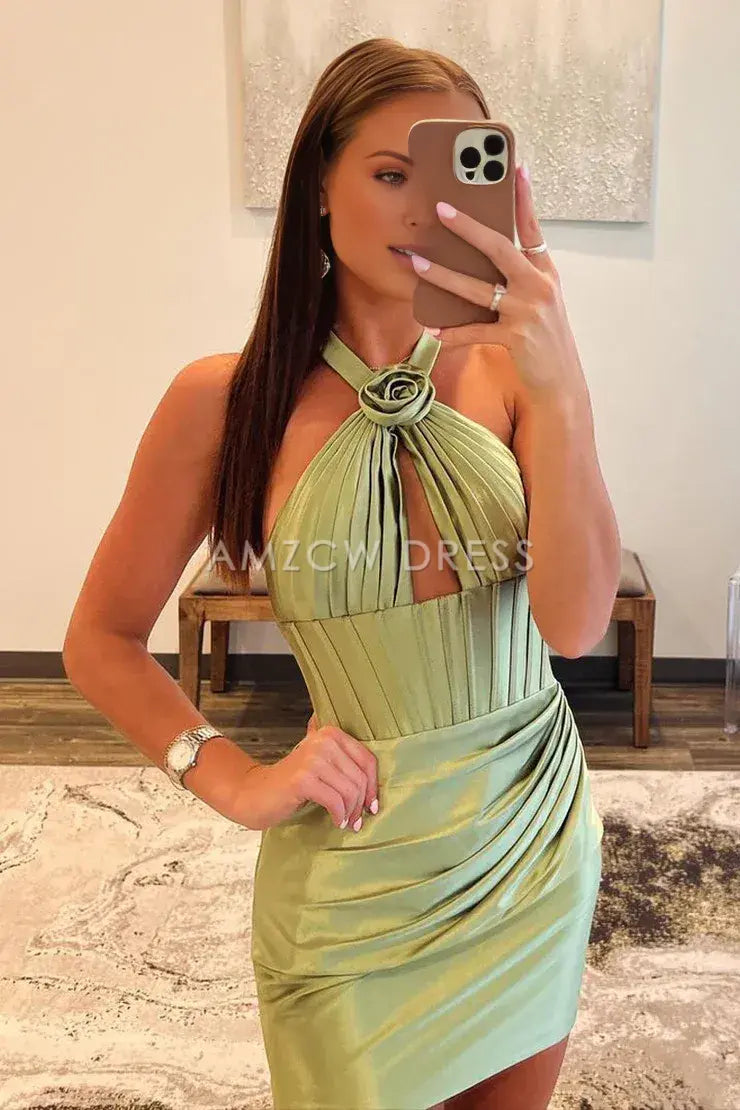 Amzcw Bodycon Halter Sage Green Satin Short Homecoming Dresses formal wear dresses