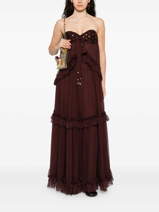 Bohemian Burgundy Strapless Ruffled Maxi Dress