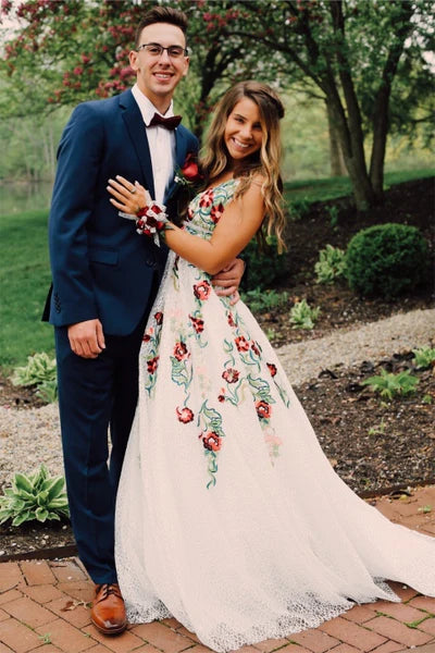Bohemian Floral-Embroidered A-Line V-Neck Sleeveless Multi-Strap-Back Floor-Length Prom Gown