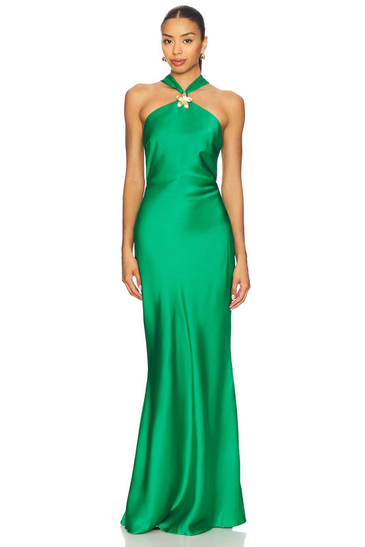 Bold Form-Fitting Halter Sleeveless Open-Back Maxi Prom Dress