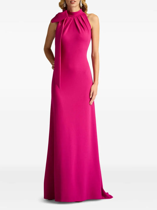 Bold Fuchsia Halter Neck Bow-Detail Mermaid Gown