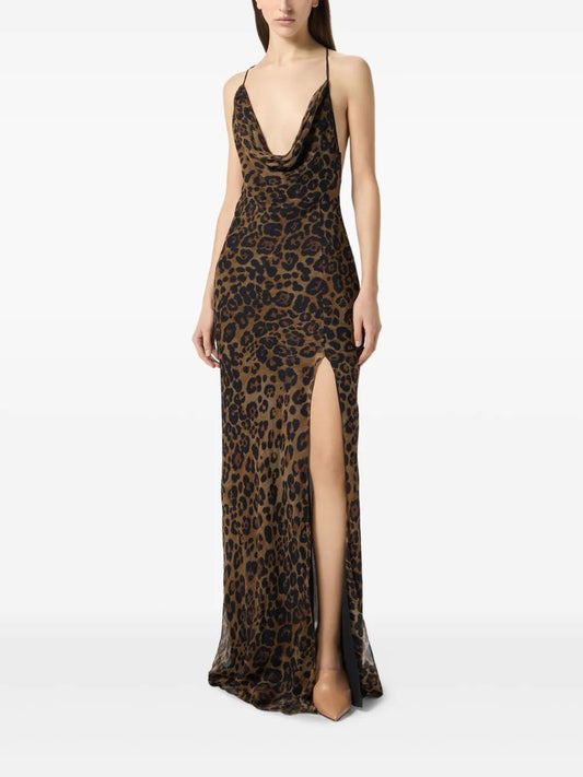 Bold Leopard Print Cowl-Neck Prom Dress