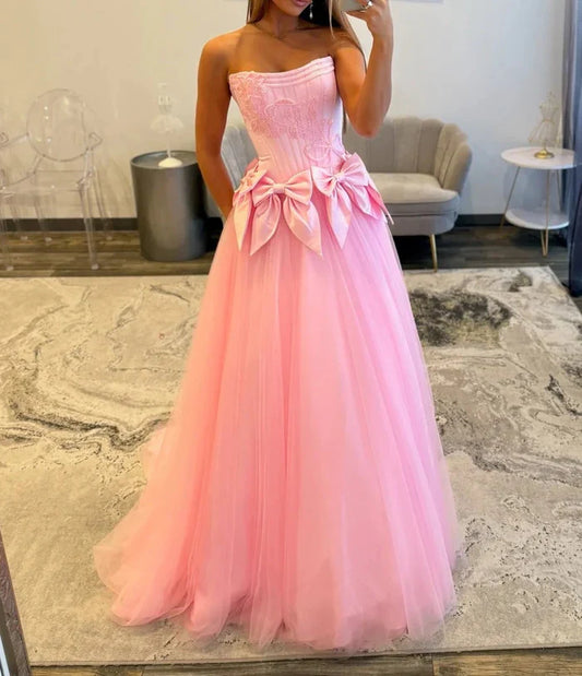 Bowknot  Romantic Strapless Embroidered Corset Triple-Bow Tulle Floor-Length Prom Ballgown