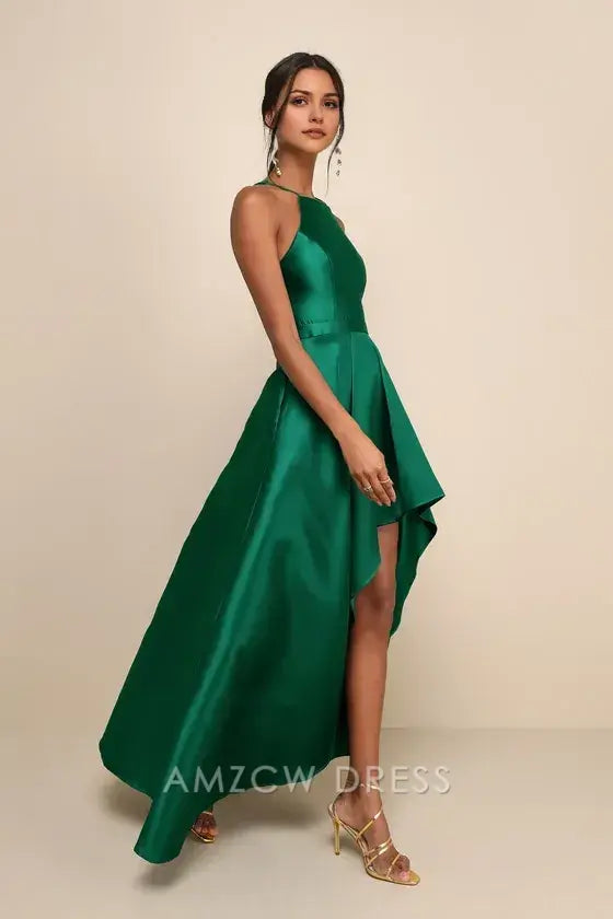 Vestidos formales elegantes de Amzcw para espectáculo de Broadway en verde esmeralda con corte alto y bajo 