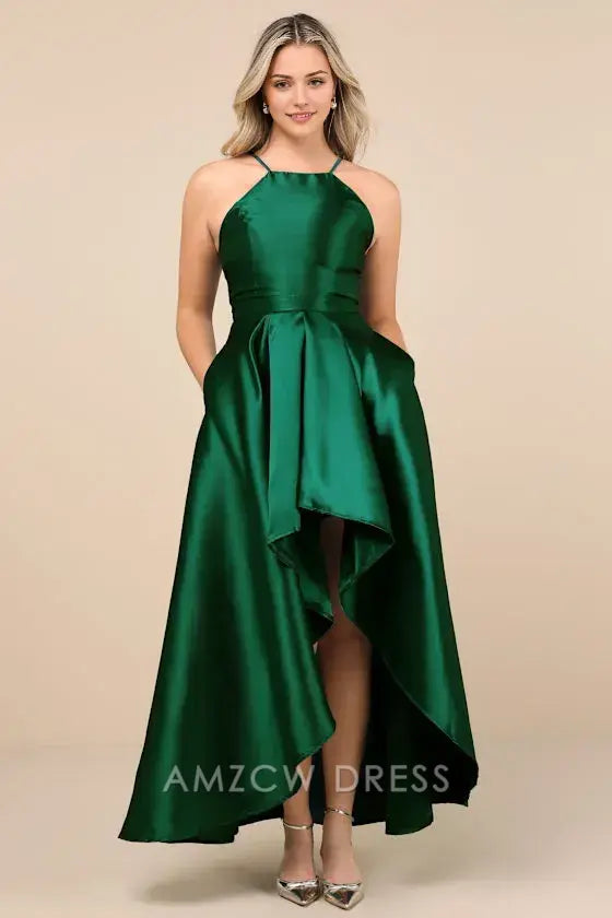 Vestidos formales elegantes de Amzcw para espectáculo de Broadway en verde esmeralda con corte alto y bajo 