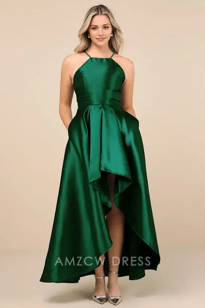 Vestidos formales elegantes de Amzcw para espectáculo de Broadway en verde esmeralda con corte alto y bajo 